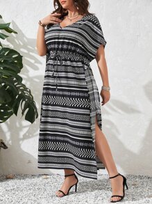 EMERY ROSE Plus Geo Print Batwing Sleeve Knot Front Dress - Black and White - View 6