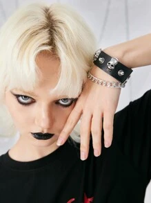 ROMWE Grunge Punk Pulsera de cráneo & con diseño de tachuela - Negro - Ver 5