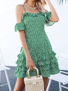 SHEIN VCAY Vestido floral de hombros descubiertos con cremallera trasera bajo con fruncido - Verde - Ver 3