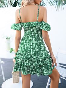 SHEIN VCAY Vestido floral de hombros descubiertos con cremallera trasera bajo con fruncido - Verde - Ver 2