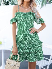 SHEIN VCAY Vestido floral de hombros descubiertos con cremallera trasera bajo con fruncido - Verde - Ver 4