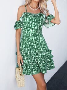 SHEIN VCAY Vestido floral de hombros descubiertos con cremallera trasera bajo con fruncido - Verde - Ver 1