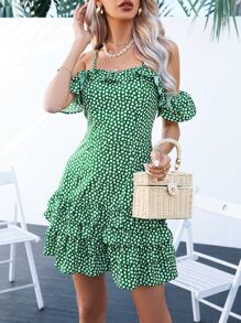 SHEIN VCAY Vestido floral de hombros descubiertos con cremallera trasera bajo con fruncido - Verde - Ver 6