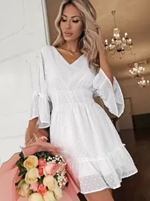 SHEIN VCAY Đầm viền lá sen Viên lá sen màu trơn Giải trí - trắng - Xem 1