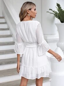 SHEIN VCAY Đầm viền lá sen Viên lá sen màu trơn Giải trí - trắng - Xem 2