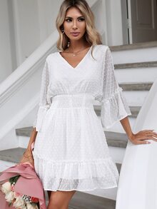 SHEIN VCAY Đầm viền lá sen Viên lá sen màu trơn Giải trí - trắng - Xem 3