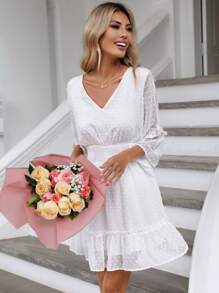 SHEIN VCAY Đầm viền lá sen Viên lá sen màu trơn Giải trí - trắng - Xem 4