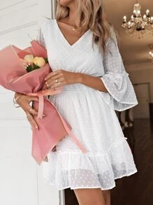 SHEIN VCAY Đầm viền lá sen Viên lá sen màu trơn Giải trí - trắng - Xem 6