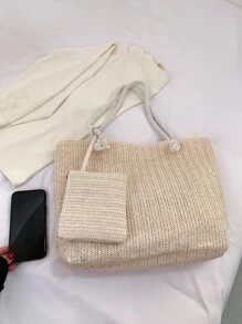 Bolso de paja minimalista y casual, ligero, con monedero para adolescentes y mujeres estudiantes universitarias, perfecto para el colegio, exteriores, viajes, salidas, vacaciones. Una bolsa de playa de verano de moda para mujeres, un accesorio esencial para las vacaciones que combina perfectamente con los accesorios de playa femeninos.