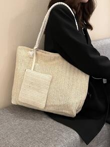 Bolso de paja minimalista y casual, ligero, con monedero para adolescentes y mujeres estudiantes universitarias, perfecto para el colegio, exteriores, viajes, salidas, vacaciones. Una bolsa de playa de verano de moda para mujeres, un accesorio esencial para las vacaciones que combina perfectamente con los accesorios de playa femeninos.