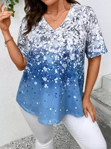 SHEIN LUNE 大碼圖案印花V領T恤 - 藍白色 - 查看 1