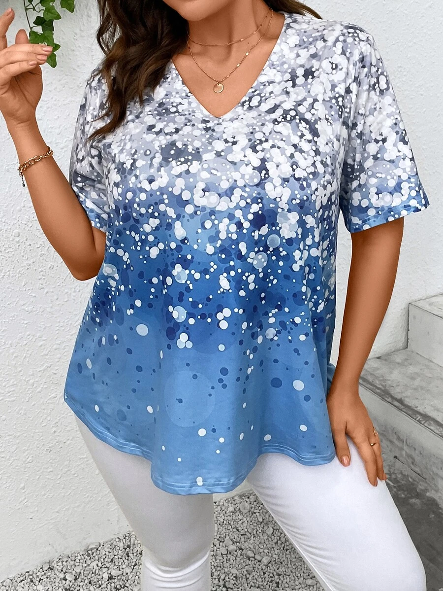 SHEIN LUNE 大碼圖案印花V領T恤 - 藍白色 - 查看 1