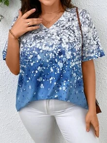 SHEIN LUNE 大碼圖案印花V領T恤 - 藍白色 - 查看 4