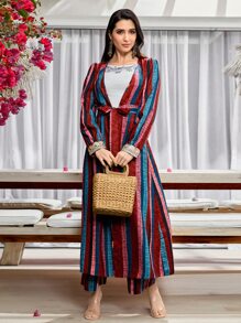 Modelyn con estampado de rayas de color combinado con cinturón Abrigo & Pantalones de pierna ancha - Multicolor - Ver 4