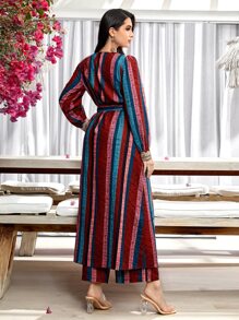 Modelyn con estampado de rayas de color combinado con cinturón Abrigo & Pantalones de pierna ancha - Multicolor - Ver 2