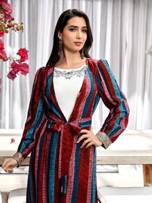 Modelyn con estampado de rayas de color combinado con cinturón Abrigo & Pantalones de pierna ancha - Multicolor - Ver 3