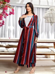 Modelyn con estampado de rayas de color combinado con cinturón Abrigo & Pantalones de pierna ancha - Multicolor - Ver 1