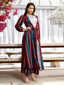 Modelyn con estampado de rayas de color combinado con cinturón Abrigo & Pantalones de pierna ancha - Multicolor - Ver 5