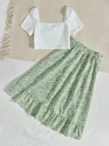 SHEIN Leap Crew 女孩方領上衣和小碎花荷葉邊半身裙