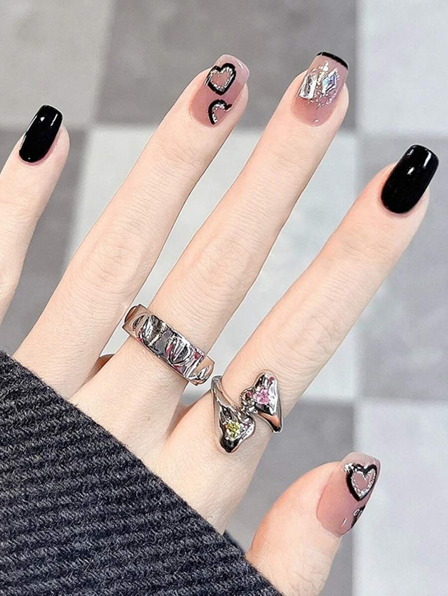 24pcs Short Square Heart Pattern Fake Nail & 1sheet Tape & 1pc Nail File - Multicolor - View 1