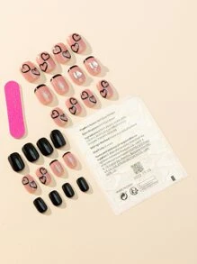 24pcs Short Square Heart Pattern Fake Nail & 1sheet Tape & 1pc Nail File - Multicolor - View 2