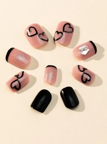 24pcs Short Square Heart Pattern Fake Nail & 1sheet Tape & 1pc Nail File - Multicolor - View 4