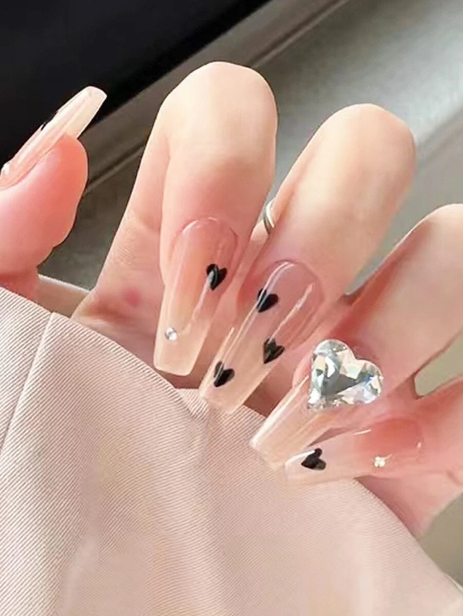 24pcs Long Coffin Heart Pattern Fake Nail & 1sheet Tape & 1pc Nail File - Multicolor - View 1