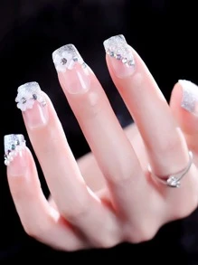 24 piezas Uña postiza corta cuadrada con diamante de imitación 3d & con diseño de flor & 1 pieza lima de uñas & 1 hoja cinta - transparente - Ver 1