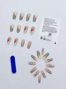 Instantly Upgrade Your Look with 24pcs Long Coffin 3D Rhinestone Decor French Gradient Fake Nail & 1sheet Tape & 1pc Nail File For women And Girls - Multicolor - View 2