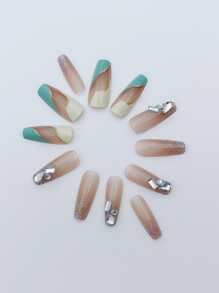 Instantly Upgrade Your Look with 24pcs Long Coffin 3D Rhinestone Decor French Gradient Fake Nail & 1sheet Tape & 1pc Nail File For women And Girls - Multicolor - View 3