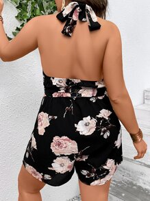 SHEIN VCAY Jumpsuits Plus Size Lộ Lưng Thắt lưng Túi Buộc lại Hoa Boho - màu đen - Xem 2