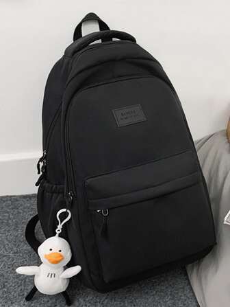 字母贴片装饰经典背包，配有卡通鸭子包饰，书包，书包，适合户外学校使用，轻便，便携，笔记本电脑隔层，学校背包，书包，书包，大背包，便携，轻便，适合青少年女孩、女士、大学生、男孩和男士，非常适合返校、大学、初中、高中