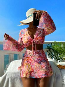 Swim Vcay Summer Beach Paisley Print Halter Triangle Bikini Set With Cover Up Set - Multicolor - View 8