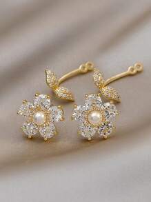 水鑽和人造珍珠裝飾花耳釘 - 金黃色 - 查看 2