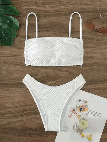 SHEIN Swim 純色高腰比基尼套裝，適用於夏季海灘