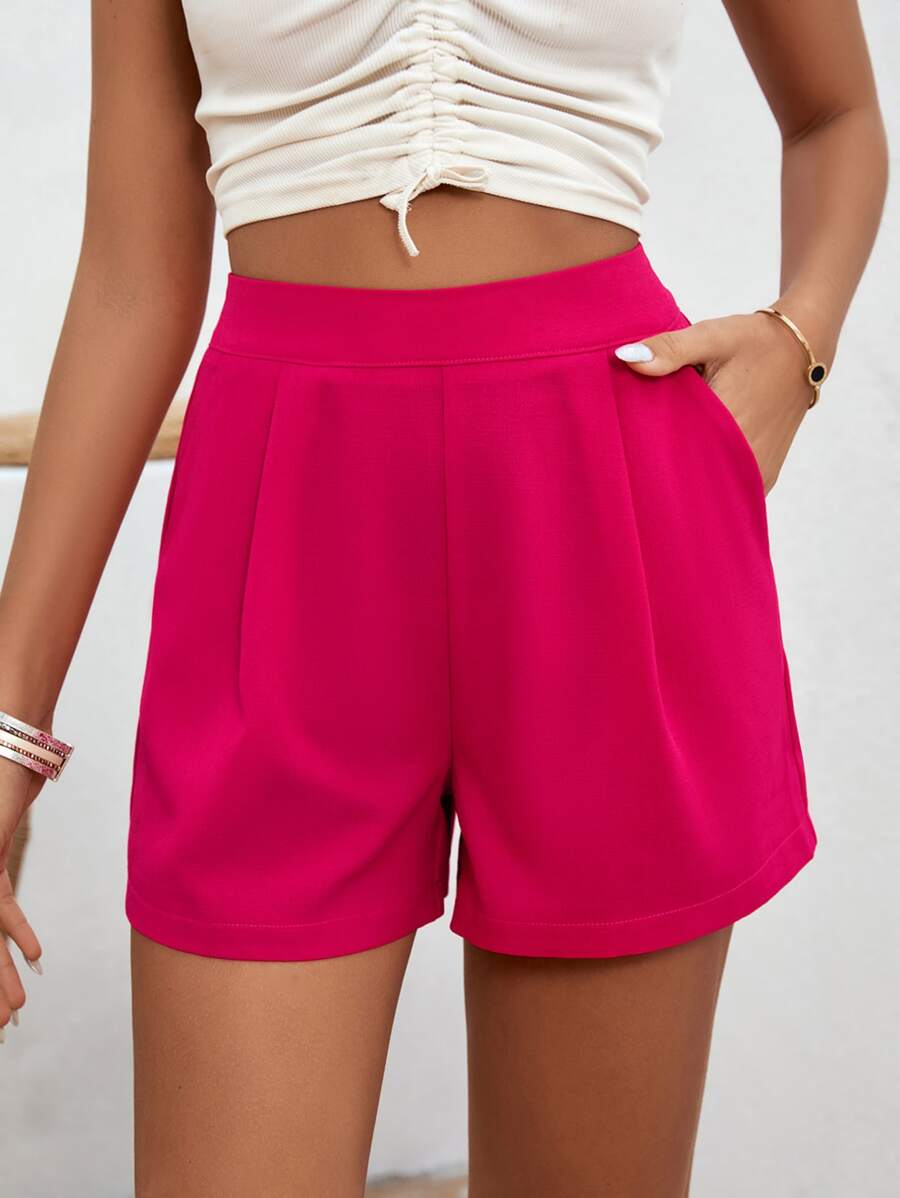 SHEIN VCAY Solid Slant Pocket Zip Back Fold Pleated Shorts - Hot Pink - View 1