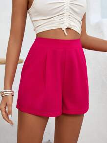 SHEIN VCAY Solid Slant Pocket Zip Back Fold Pleated Shorts - Hot Pink - View 3