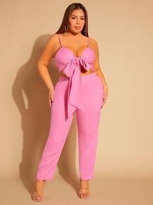 SHEIN SXY Bộ thời trang Plus Size Thắt nơ trước màu trơn Gợi cảm - Màu Hồng Tươi - Xem 1