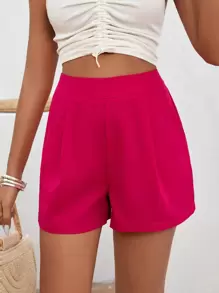 SHEIN VCAY Solid Slant Pocket Zip Back Fold Pleated Shorts - Hot Pink - View 5