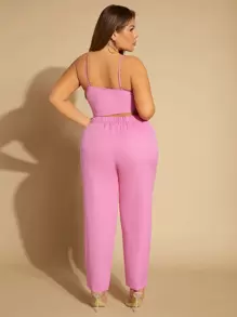 SHEIN SXY Bộ thời trang Plus Size Thắt nơ trước màu trơn Gợi cảm - Màu Hồng Tươi - Xem 2