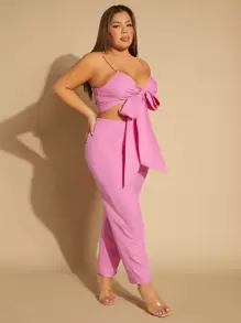 SHEIN SXY Bộ thời trang Plus Size Thắt nơ trước màu trơn Gợi cảm - Màu Hồng Tươi - Xem 4