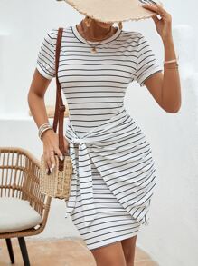 SHEIN LUNE Đầm Thắt nút Trọn gói Sọc Giải trí - trắng - Xem 1