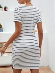 SHEIN LUNE Đầm Thắt nút Trọn gói Sọc Giải trí - trắng - Xem 2