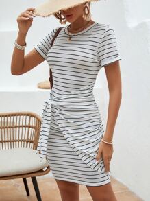 SHEIN LUNE Đầm Thắt nút Trọn gói Sọc Giải trí - trắng - Xem 4