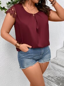 SHEIN Clasi Plus Contrast Guipure Lace Sleeve Fold Pleated Detail Blouse - Maroon - View 1