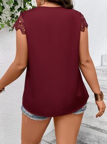 SHEIN Clasi Plus Contrast Guipure Lace Sleeve Fold Pleated Detail Blouse - Maroon - View 2