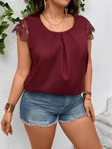 SHEIN Clasi Plus Contrast Guipure Lace Sleeve Fold Pleated Detail Blouse - Maroon - View 5