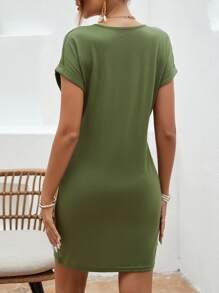 EMERY ROSE 素色蝙蝠袖缺口領T恤連衣裙 - 軍綠色 - 查看 2