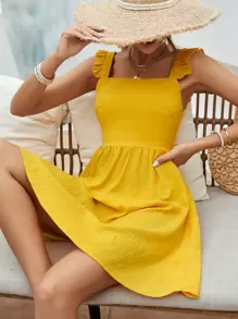 Vivid Eden Solid Ruffle Trim Cami Dress - Yellow - View 4