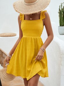 Vivid Eden Solid Ruffle Trim Cami Dress - Yellow - View 6